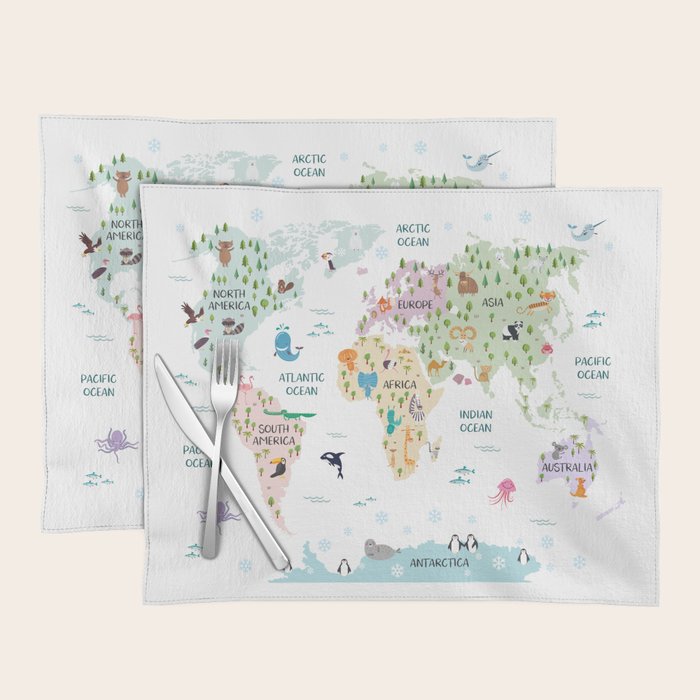 Nursery Animal World Map in Pastels Placemat Gallery Image 1