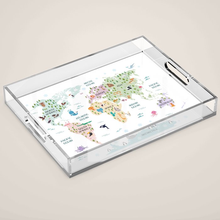 Nursery Animal World Map in Pastels Acrylic Tray Gallery Image 1