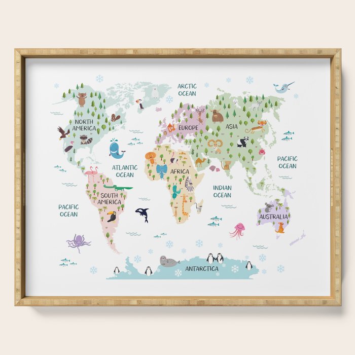 Nursery Animal World Map in Pastels Serving Tray Gallery Image 1