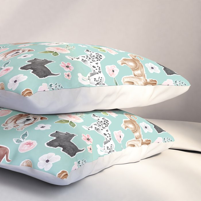 Cute Dogs on Aqua Blue, Dogs and Flowers, Pet Painting, Cute Animals, Golden Retriever, Dachshund, Corgi, Bulldog, Dalmation Pillow Sham Gallery Image 3