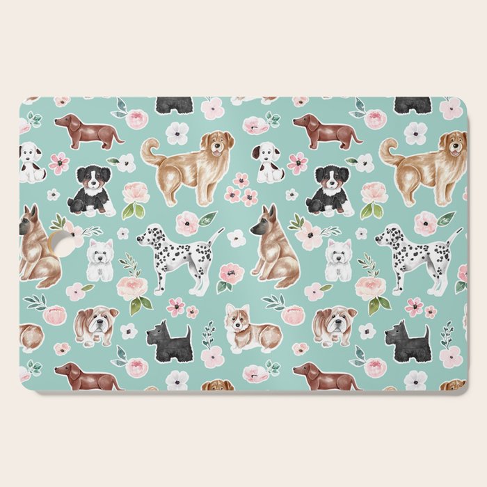 Cute Dogs on Aqua Blue, Dogs and Flowers, Pet Painting, Cute Animals, Golden Retriever, Dachshund, Corgi, Bulldog, Dalmation Cutting Board Gallery Image 1