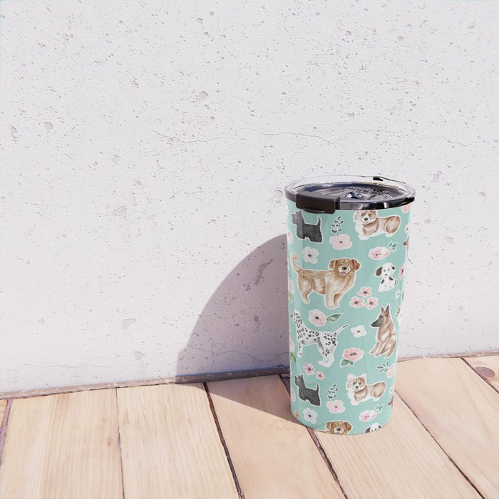 Cute Dogs on Aqua Blue, Dogs and Flowers, Pet Painting, Cute Animals, Golden Retriever, Dachshund, Corgi, Bulldog, Dalmation Travel Mug Gallery Image 4