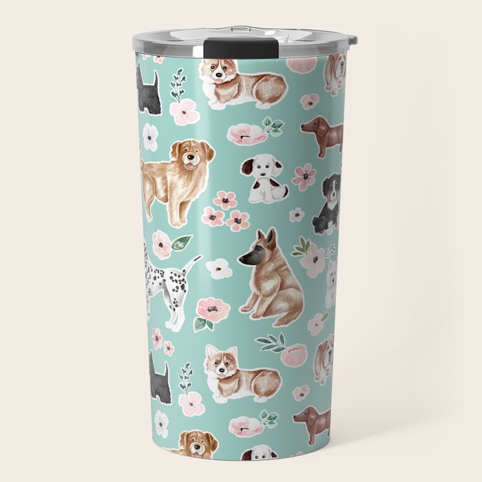 Cute Dogs on Aqua Blue, Dogs and Flowers, Pet Painting, Cute Animals, Golden Retriever, Dachshund, Corgi, Bulldog, Dalmation Travel Mug Gallery Image 1