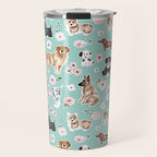 Cute Dogs on Aqua Blue, Dogs and Flowers, Pet Painting, Cute Animals, Golden Retriever, Dachshund, Corgi, Bulldog, Dalmation Travel Mug Gallery Image 1