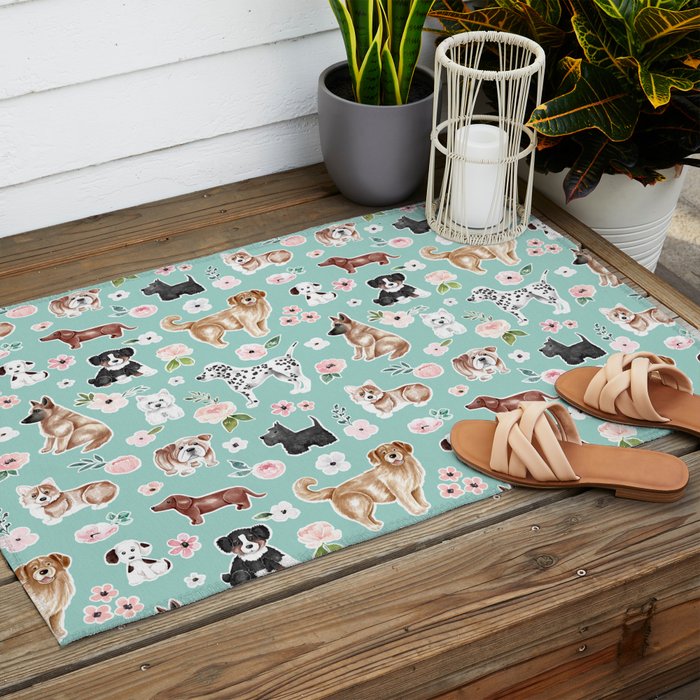 Cute Dogs on Aqua Blue, Dogs and Flowers, Pet Painting, Cute Animals, Golden Retriever, Dachshund, Corgi, Bulldog, Dalmation Outdoor Rug Gallery Image 2