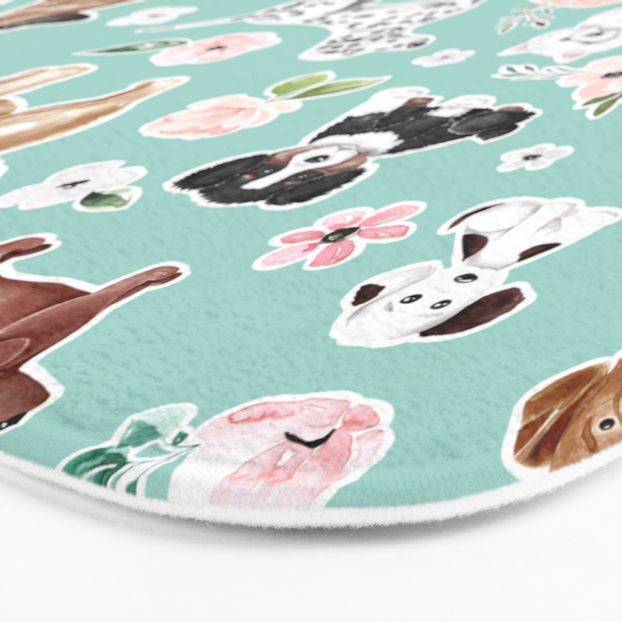Cute Dogs on Aqua Blue, Dogs and Flowers, Pet Painting, Cute Animals, Golden Retriever, Dachshund, Corgi, Bulldog, Dalmation Bath Mat Gallery Image 3