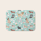 Cute Dogs on Aqua Blue, Dogs and Flowers, Pet Painting, Cute Animals, Golden Retriever, Dachshund, Corgi, Bulldog, Dalmation Bath Mat Gallery Image 1