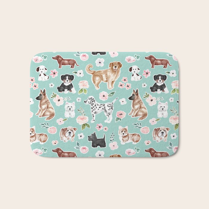 Cute Dogs on Aqua Blue, Dogs and Flowers, Pet Painting, Cute Animals, Golden Retriever, Dachshund, Corgi, Bulldog, Dalmation Bath Mat Gallery Image 1