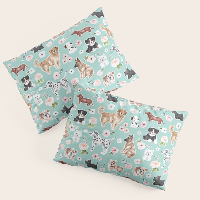 Cute Dogs on Aqua Blue, Dogs and Flowers, Pet Painting, Cute Animals, Golden Retriever, Dachshund, Corgi, Bulldog, Dalmation Pillow Sham