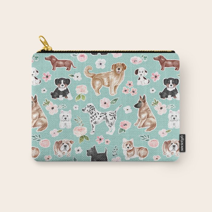Cute Dogs on Aqua Blue, Dogs and Flowers, Pet Painting, Cute Animals, Golden Retriever, Dachshund, Corgi, Bulldog, Dalmation Carry All Pouch Gallery Image 1