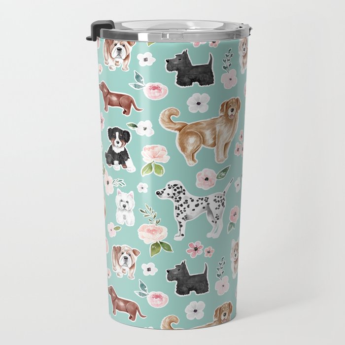 Cute Dogs on Aqua Blue, Dogs and Flowers, Pet Painting, Cute Animals, Golden Retriever, Dachshund, Corgi, Bulldog, Dalmation Travel Mug Gallery Image 3
