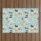 Cute Dogs on Aqua Blue, Dogs and Flowers, Pet Painting, Cute Animals, Golden Retriever, Dachshund, Corgi, Bulldog, Dalmation Outdoor Rug Gallery Image 1