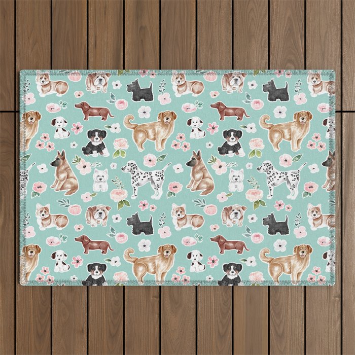 Cute Dogs on Aqua Blue, Dogs and Flowers, Pet Painting, Cute Animals, Golden Retriever, Dachshund, Corgi, Bulldog, Dalmation Outdoor Rug Gallery Image 1