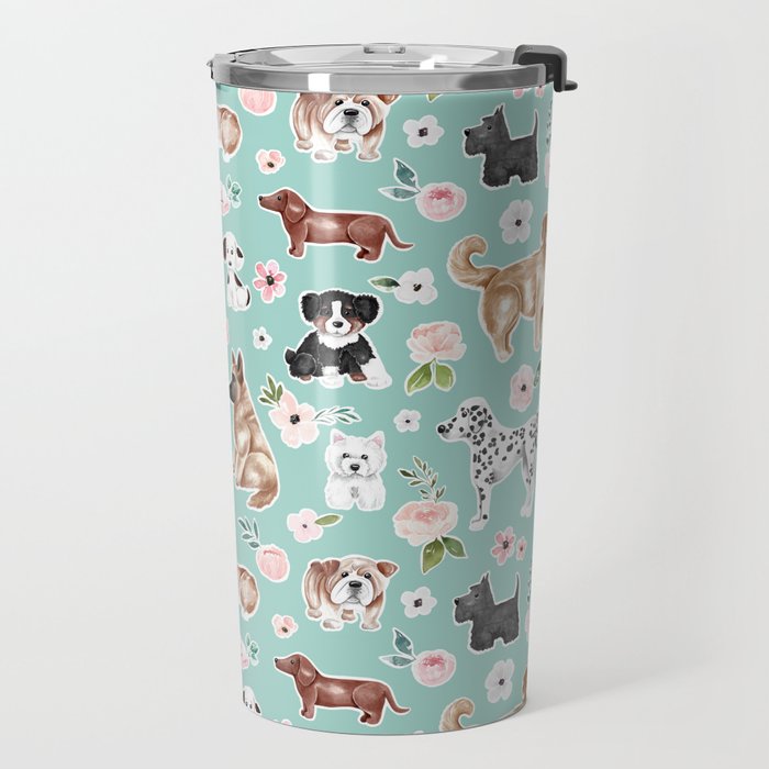 Cute Dogs on Aqua Blue, Dogs and Flowers, Pet Painting, Cute Animals, Golden Retriever, Dachshund, Corgi, Bulldog, Dalmation Travel Mug Gallery Image 2