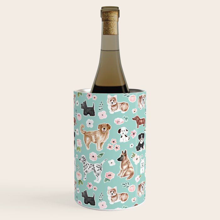 Cute Dogs on Aqua Blue, Dogs and Flowers, Pet Painting, Cute Animals, Golden Retriever, Dachshund, Corgi, Bulldog, Dalmation Wine Chiller Gallery Image 1