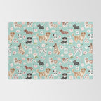 Cute Dogs on Aqua Blue, Dogs and Flowers, Pet Painting, Cute Animals, Golden Retriever, Dachshund, Corgi, Bulldog, Dalmation Rug Gallery Image 2