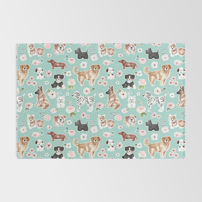Cute Dogs on Aqua Blue, Dogs and Flowers, Pet Painting, Cute Animals, Golden Retriever, Dachshund, Corgi, Bulldog, Dalmation Rug Gallery Image 2
