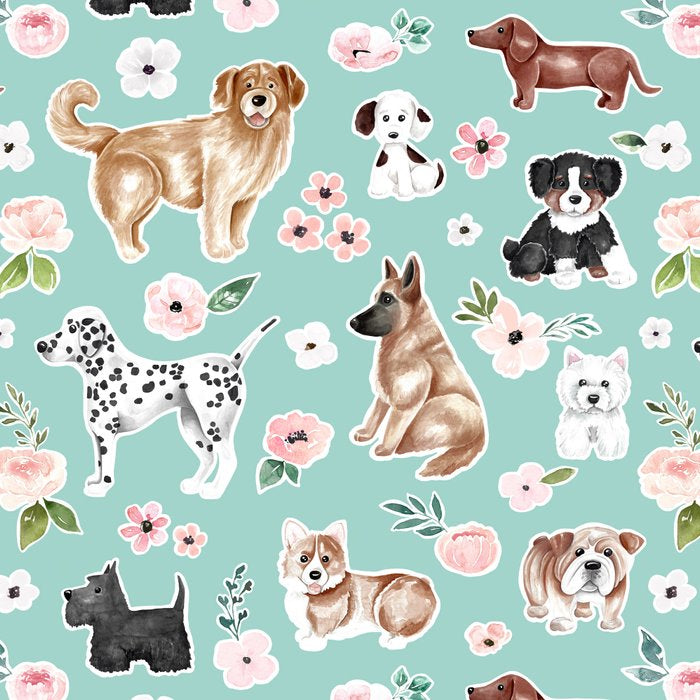 Cute Dogs on Aqua Blue, Dogs and Flowers, Pet Painting, Cute Animals, Golden Retriever, Dachshund, Corgi, Bulldog, Dalmation Coffee Mug Gallery Image 2
