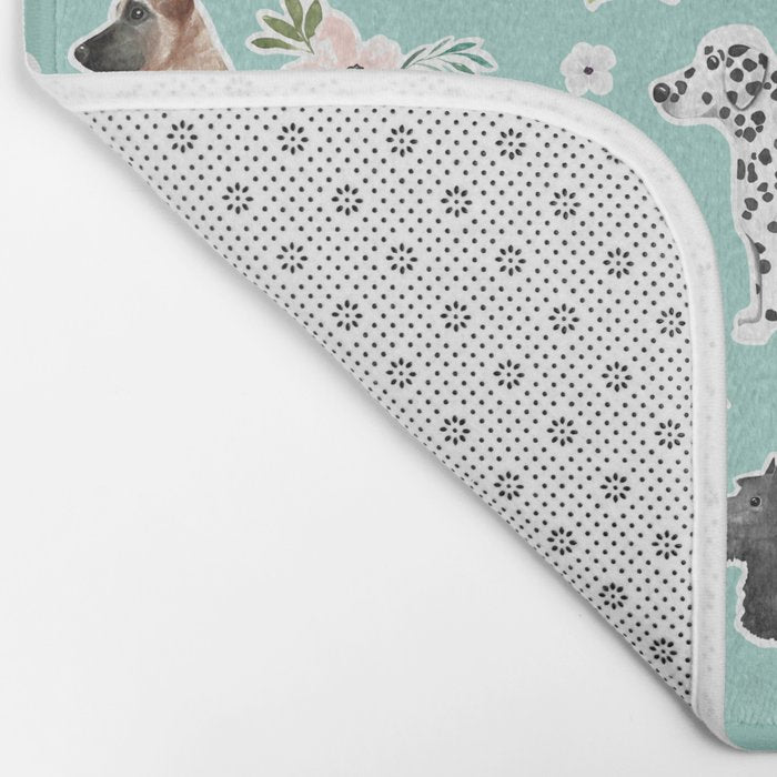 Cute Dogs on Aqua Blue, Dogs and Flowers, Pet Painting, Cute Animals, Golden Retriever, Dachshund, Corgi, Bulldog, Dalmation Bath Mat Gallery Image 2