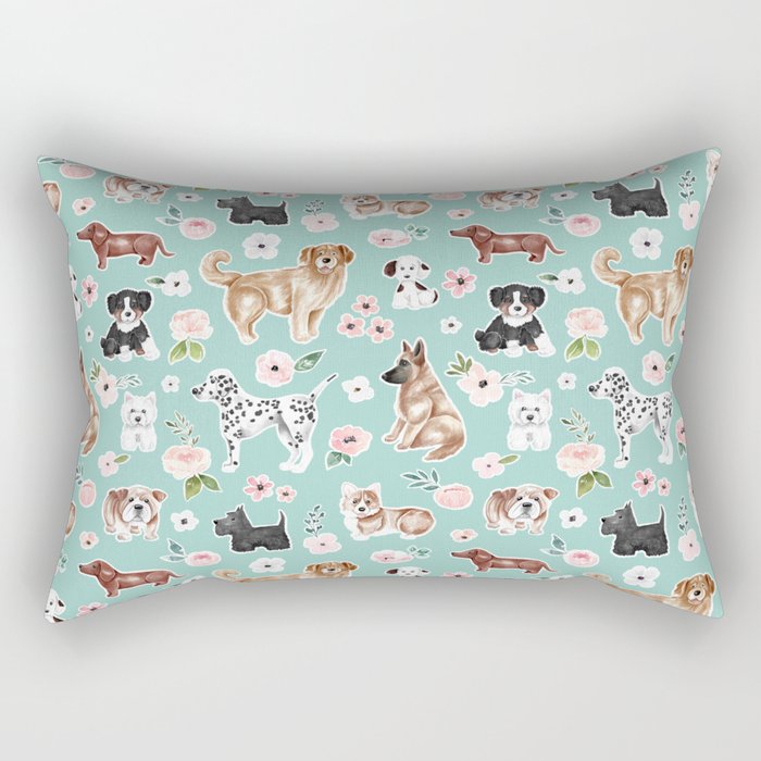 Cute Dogs on Aqua Blue, Dogs and Flowers, Pet Painting, Cute Animals, Golden Retriever, Dachshund, Corgi, Bulldog, Dalmation Rectangular Pillow Gallery Image 1