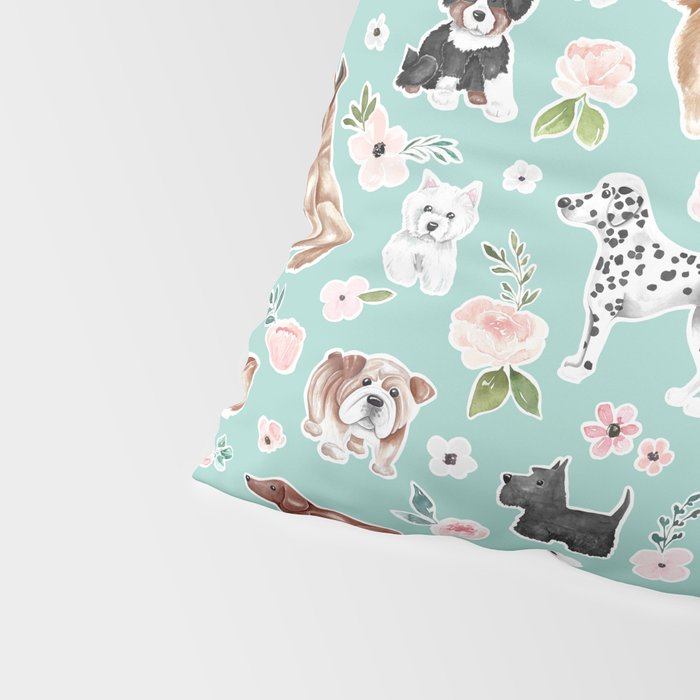 Cute Dogs on Aqua Blue, Dogs and Flowers, Pet Painting, Cute Animals, Golden Retriever, Dachshund, Corgi, Bulldog, Dalmation Pillow Sham Gallery Image 4