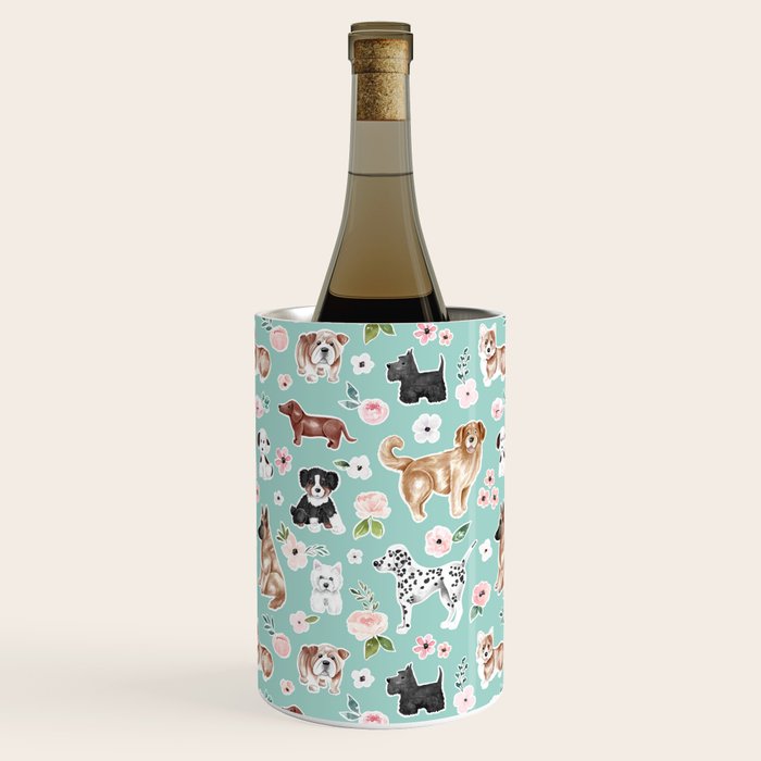 Cute Dogs on Aqua Blue, Dogs and Flowers, Pet Painting, Cute Animals, Golden Retriever, Dachshund, Corgi, Bulldog, Dalmation Wine Chiller Gallery Image 3