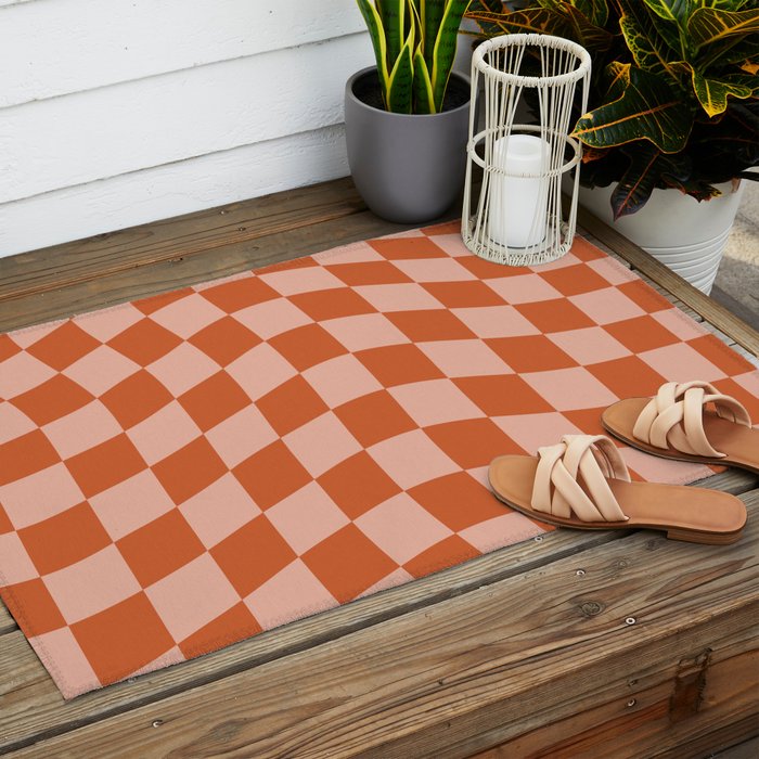 Warped Check Pattern Pumpkin Peach Outdoor Rug Gallery Image 2