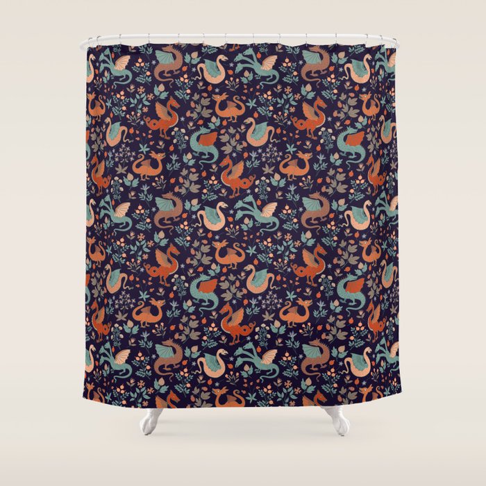 Dragons and Flowers Dark Purple Shower Curtain Gallery Image 1
