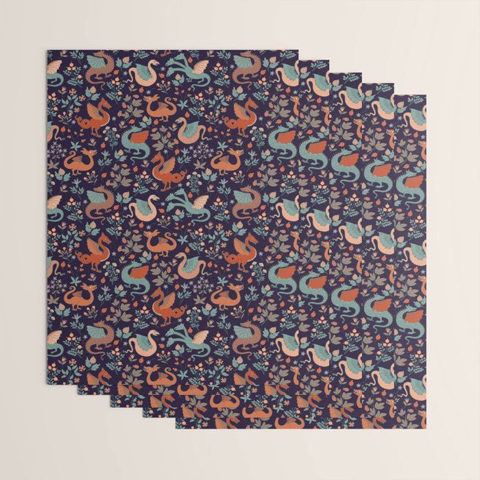 Dragons and Flowers Dark Purple Wrapping Paper Gallery Image 3