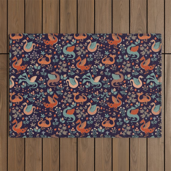 Dragons and Flowers Dark Purple Outdoor Rug Gallery Image 1