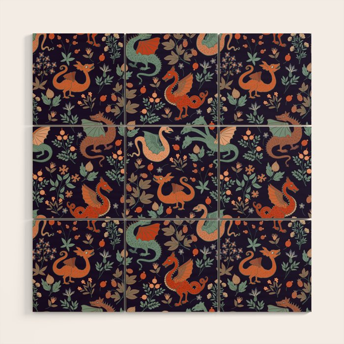 Dragons and Flowers Dark Purple Wood Wall Art Gallery Image 1
