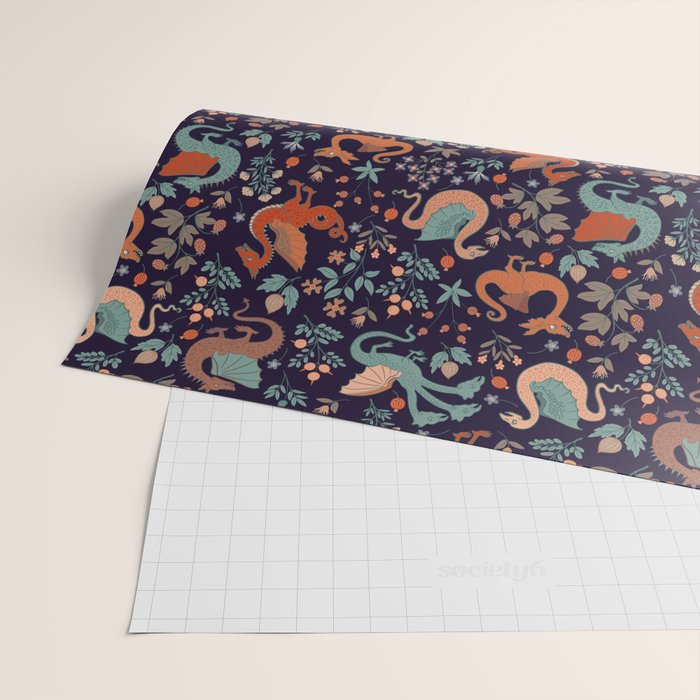 Dragons and Flowers Dark Purple Wrapping Paper Gallery Image 2