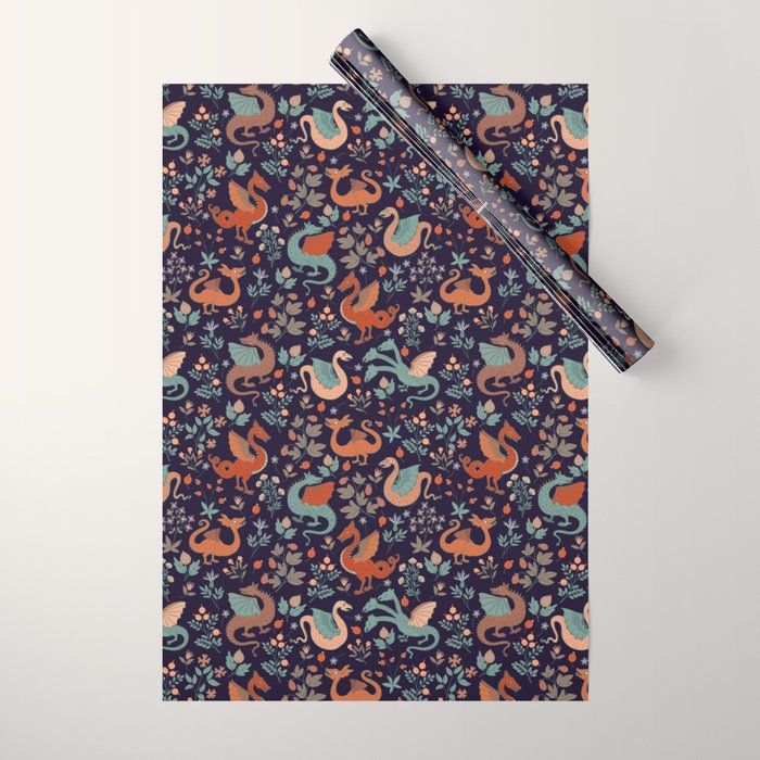 Dragons and Flowers Dark Purple Wrapping Paper