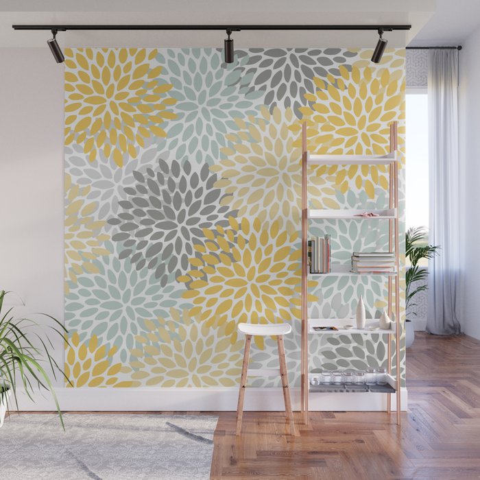 Floral Pattern, Yellow, Pale, Aqua and Gray Wall Mural Gallery Image 1