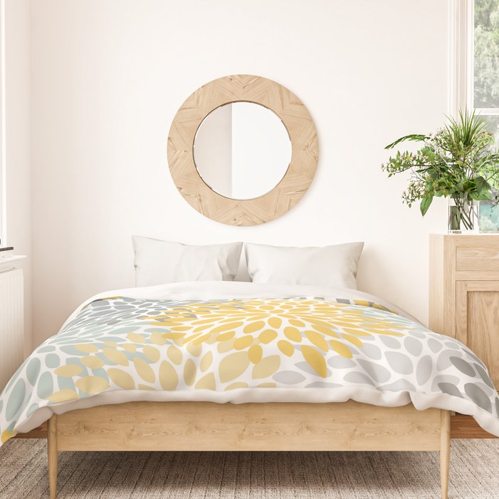 Floral Pattern, Yellow, Pale, Aqua and Gray Duvet Cover Gallery Image 3