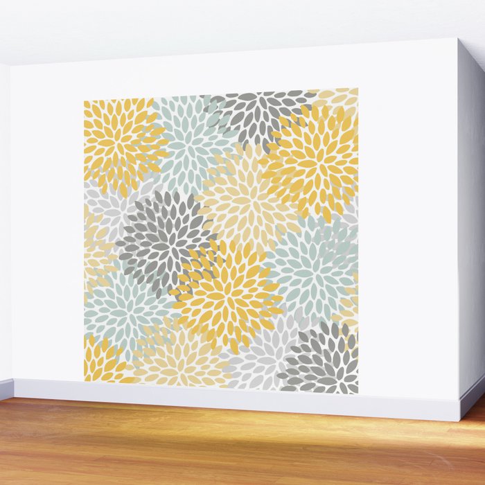 Floral Pattern, Yellow, Pale, Aqua and Gray Wall Mural Gallery Image 2