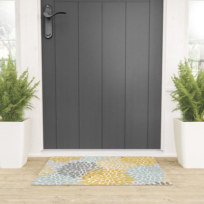 Floral Pattern, Yellow, Pale, Aqua and Gray Welcome Mat Gallery Image 3