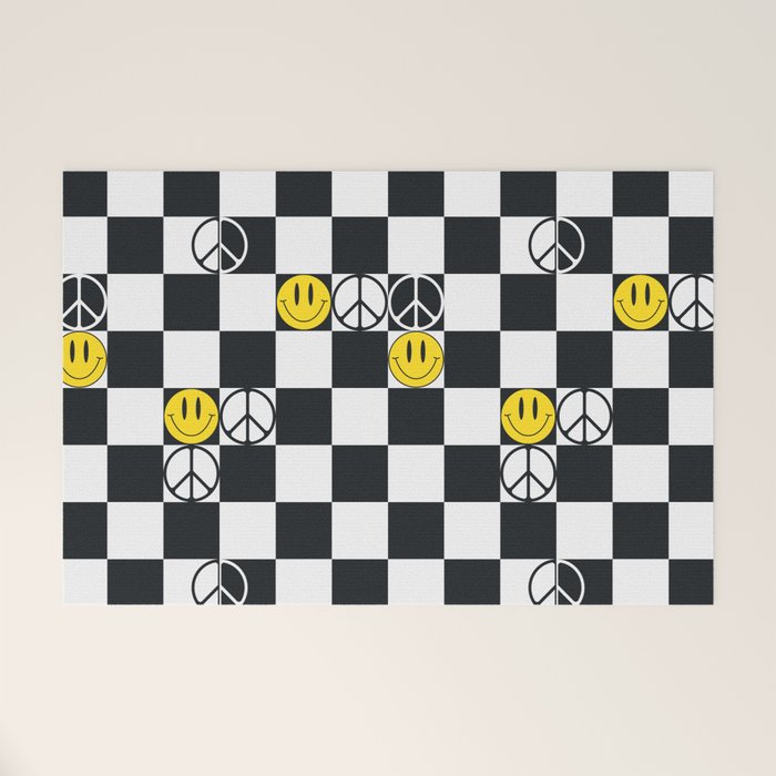 Checkered Smiley Face & Peace Sign Welcome Mat Gallery Image 1