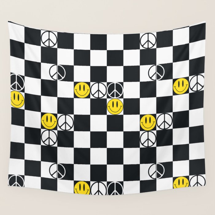 Checkered Smiley Face & Peace Sign Wall Tapestry Gallery Image 4