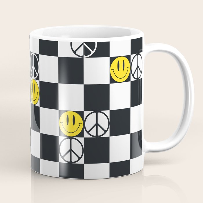 Checkered Smiley Face & Peace Sign Coffee Mug Gallery Image 1