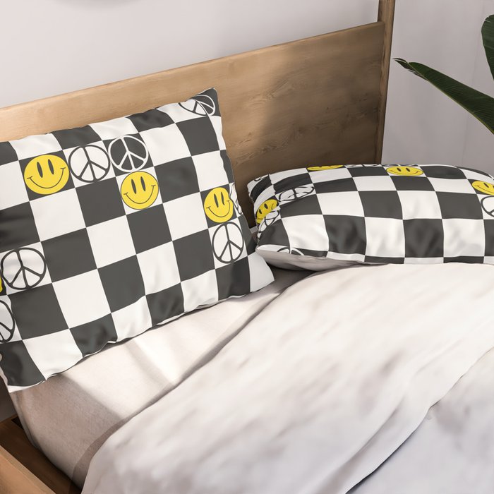 Checkered Smiley Face & Peace Sign Pillow Sham Gallery Image 2