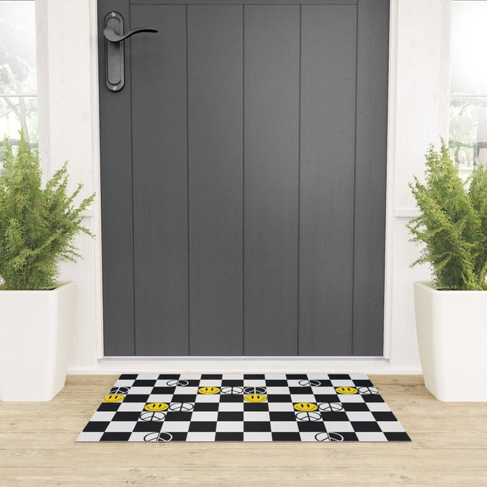 Checkered Smiley Face & Peace Sign Welcome Mat Gallery Image 3