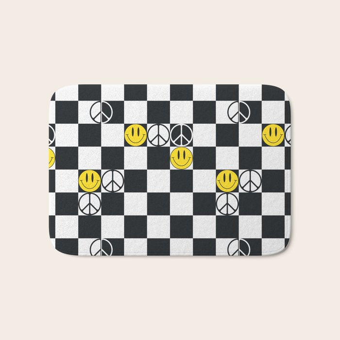 Checkered Smiley Face & Peace Sign Bath Mat Gallery Image 1
