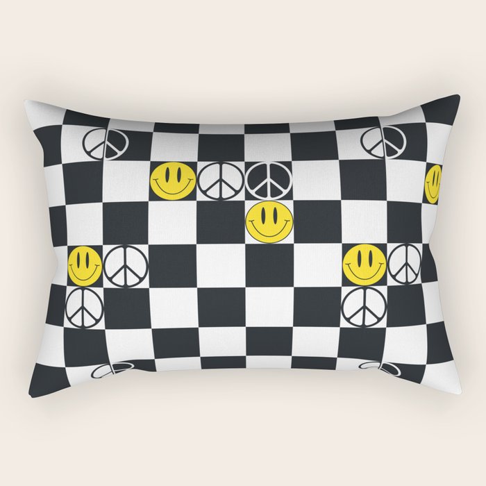 Checkered Smiley Face & Peace Sign Rectangular Pillow Gallery Image 2