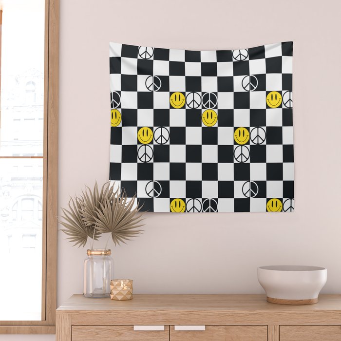 Checkered Smiley Face & Peace Sign Wall Tapestry Gallery Image 2