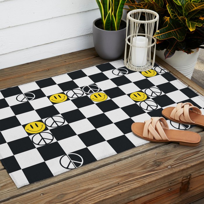 Checkered Smiley Face & Peace Sign Outdoor Rug Gallery Image 2