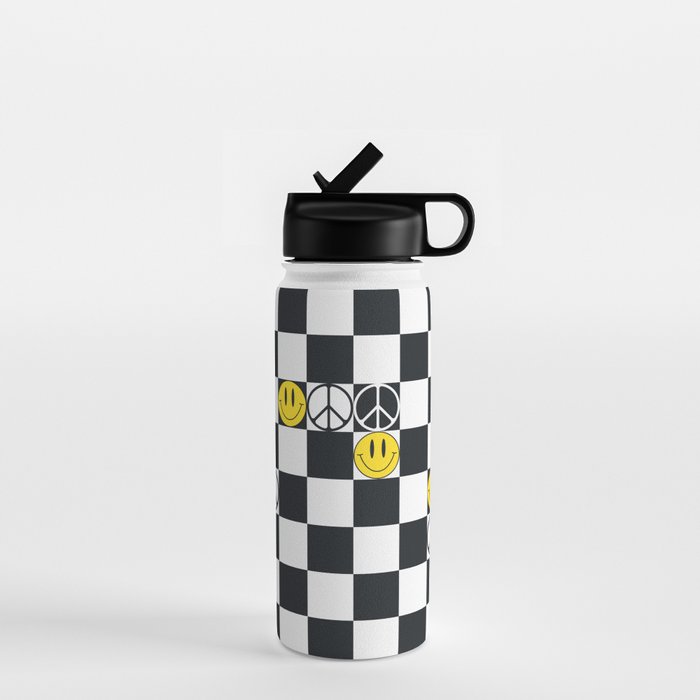 Checkered Smiley Face & Peace Sign Water Bottle Gallery Image 1