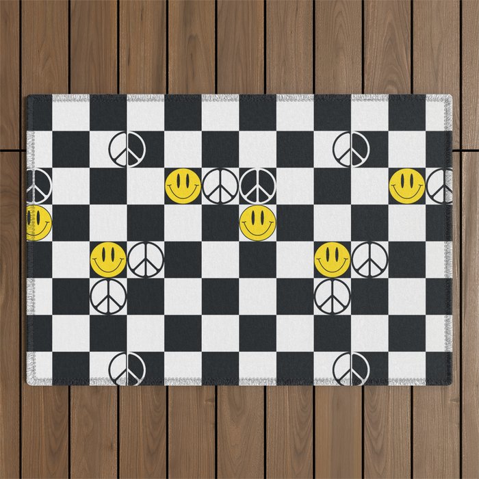 Checkered Smiley Face & Peace Sign Outdoor Rug Gallery Image 1