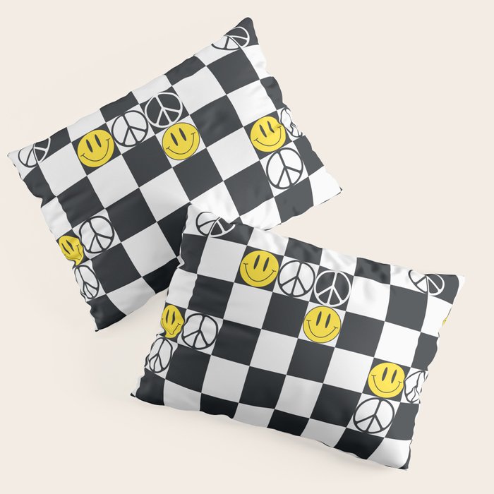 Checkered Smiley Face & Peace Sign Pillow Sham Gallery Image 1