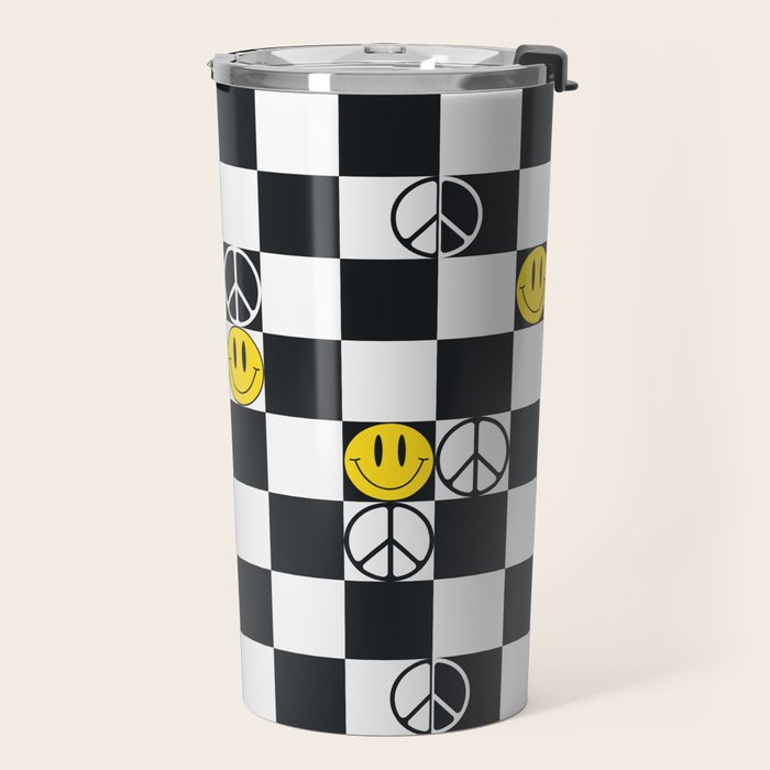 Checkered Smiley Face & Peace Sign Travel Mug Gallery Image 2